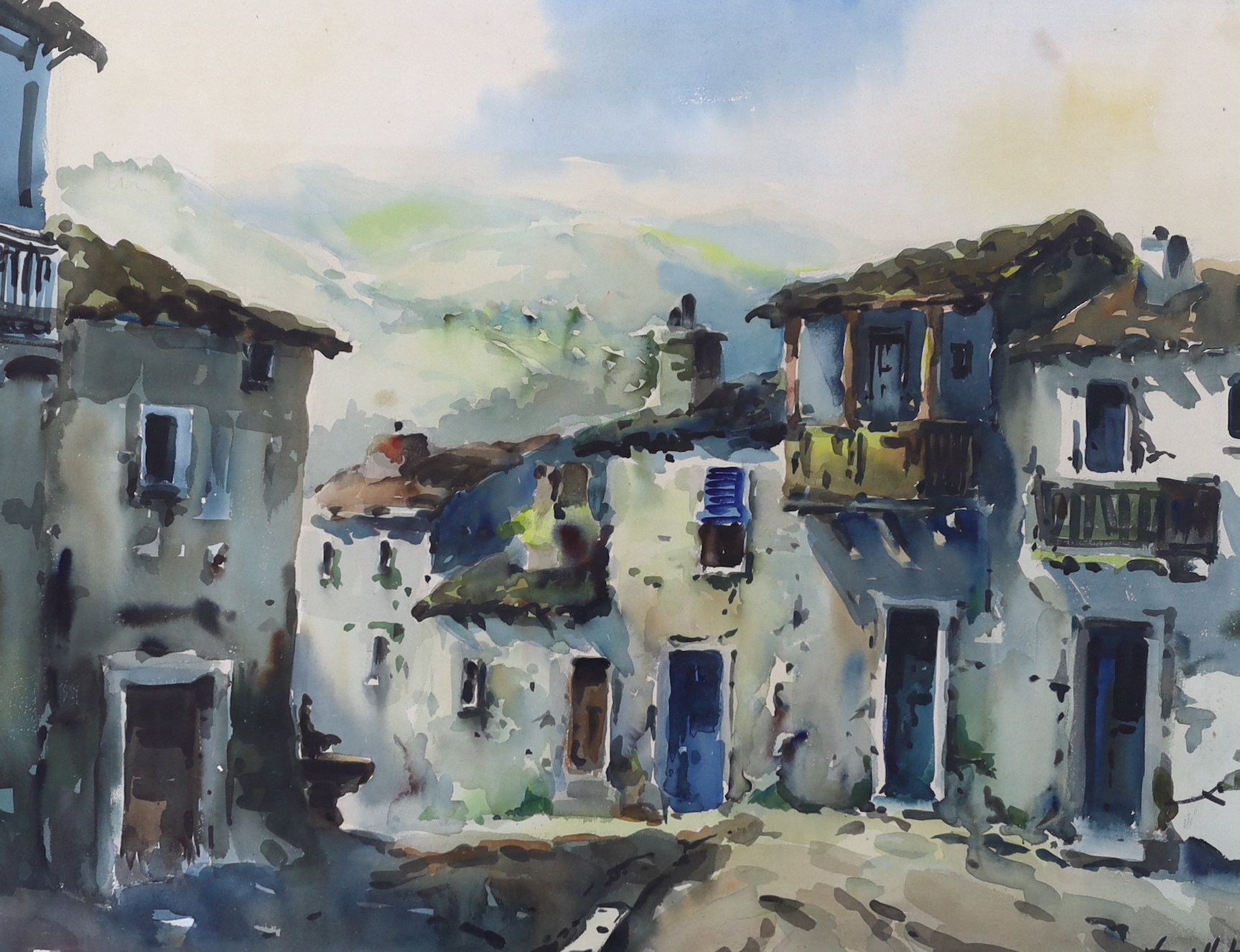 Javier Varela Guillot, two watercolours, Northern Spanish town scenes, signed, 49 x 65cm